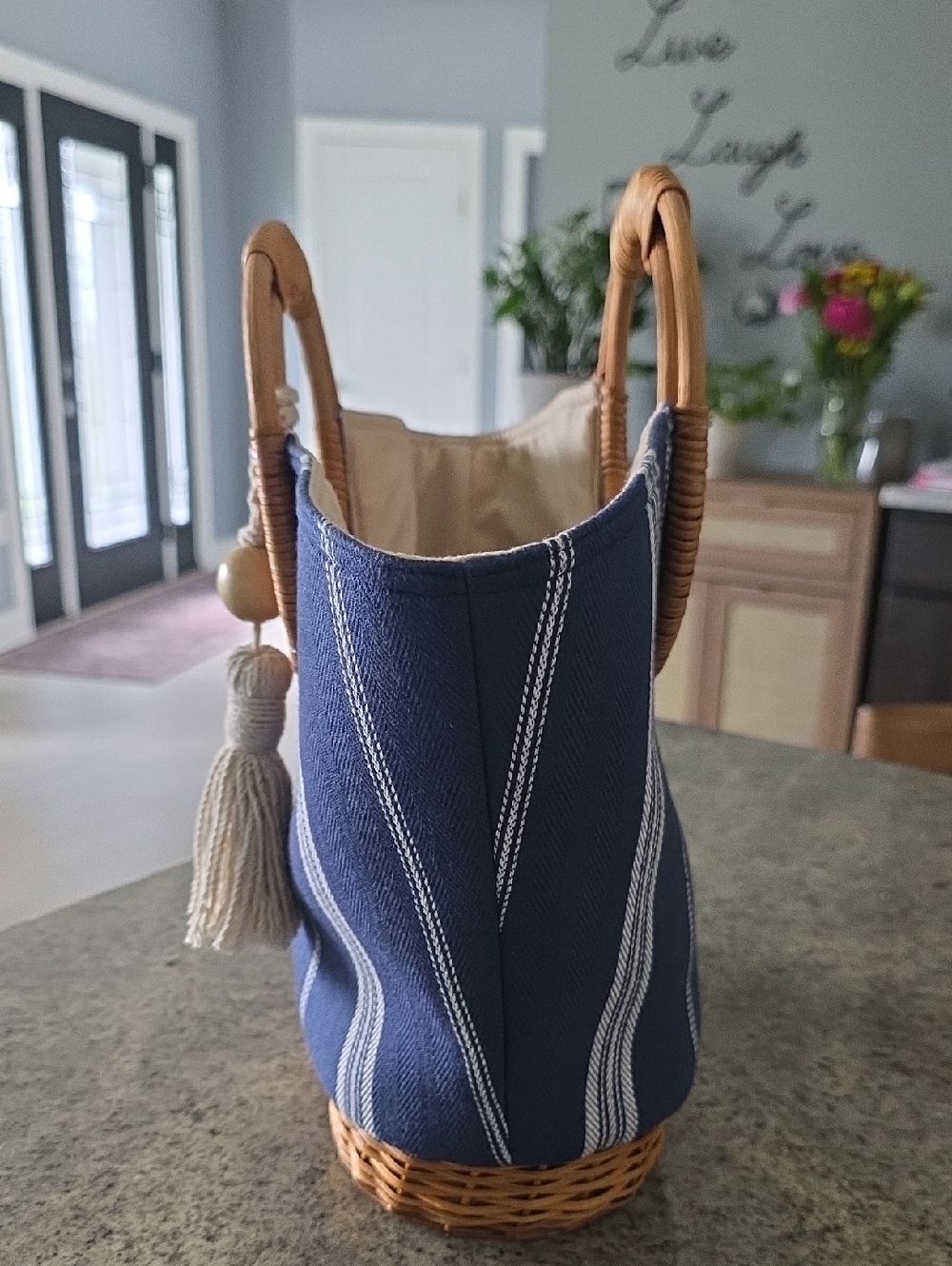 Straw Studios Navy/cream Striped Wicker Handbag - Picture 3 of 10
